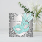 Elegant Silver Teal Blue Masquerade Party Invitation (Standing Front)
