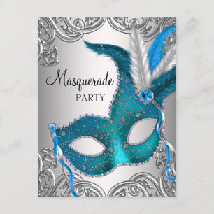 Elegant Silver Teal Blue Masquerade Party Invitation
