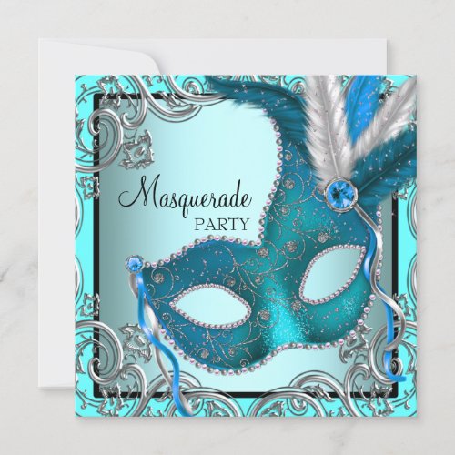 Elegant Silver Teal Blue Masquerade Party Personalized Announcements