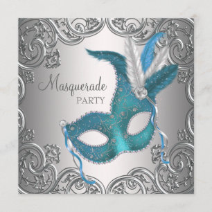Elegant Silver Teal Blue Masquerade Party Invitation
