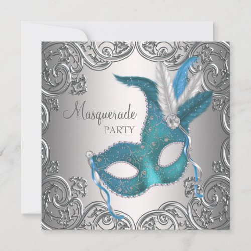 Elegant Silver Teal Blue Masquerade Party Invitation