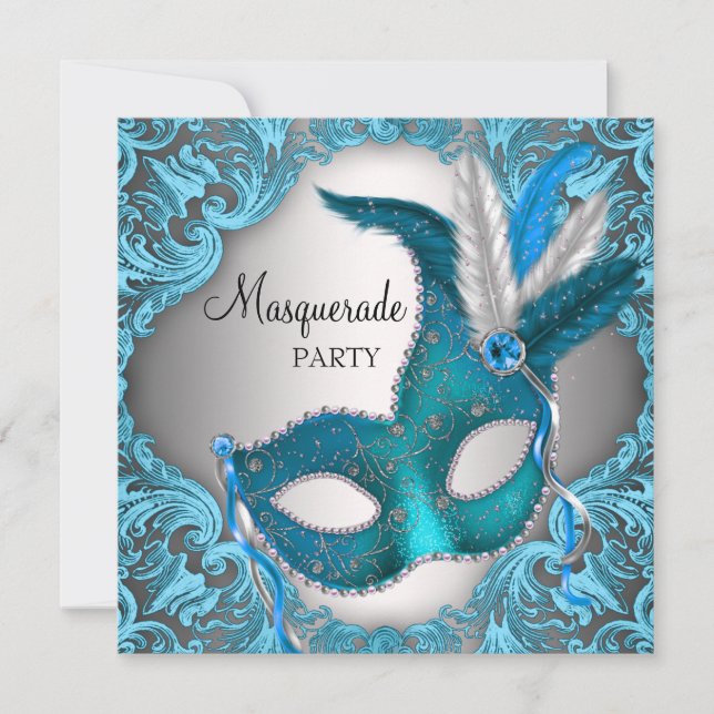 Elegant Silver Teal Blue Masquerade Party Invitation (Front)