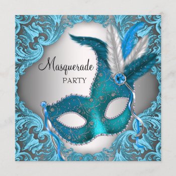 Elegant Silver Teal Blue Masquerade Party Invitation by Pure_Elegance at Zazzle