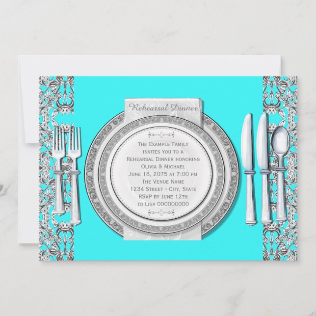Elegant Silver Teal Blue Rehearsal Dinner Invitation (Front)