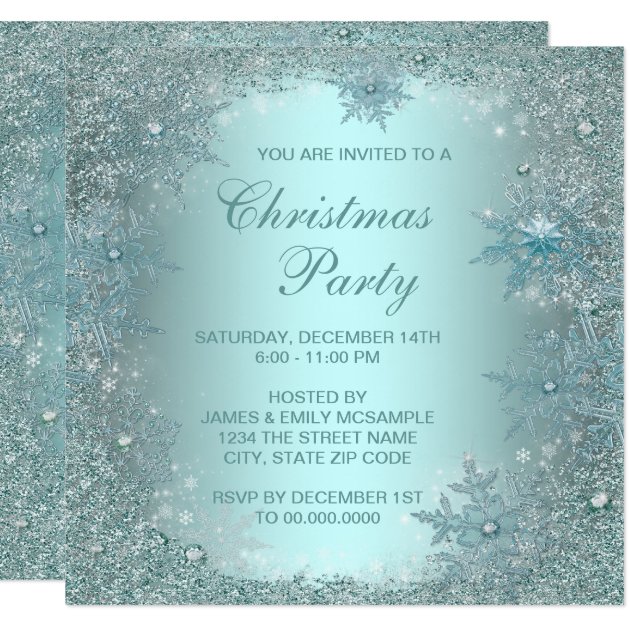 Elegant Silver Teal Blue Snowflake Christmas Party Invitation