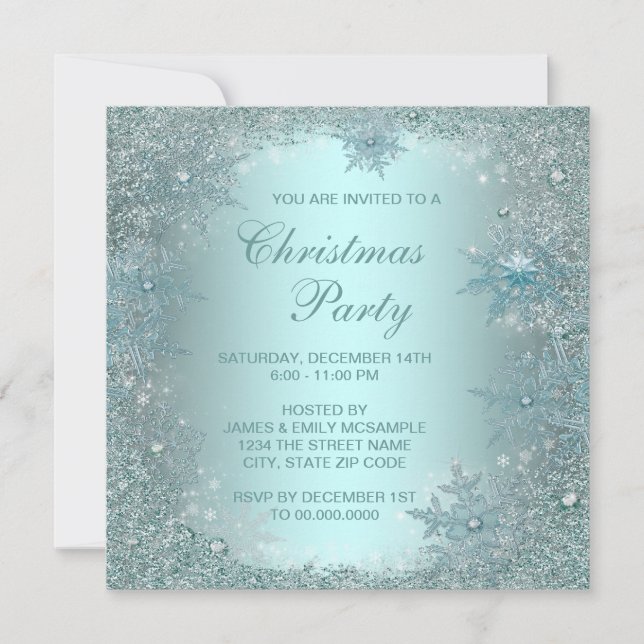 Elegant Silver Teal Blue Snowflake Christmas Party Invitation (Front)