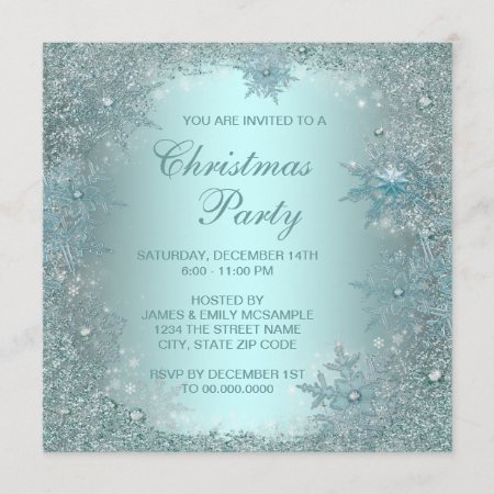 Elegant Silver Teal Blue Snowflake Christmas Party Invitation