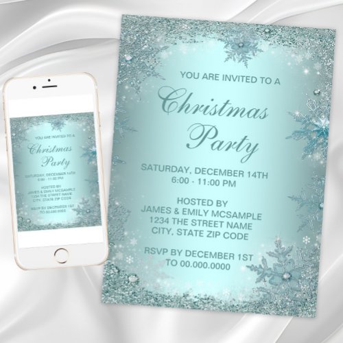 Elegant Silver Teal Blue Snowflake Christmas Party Invitation