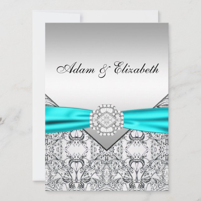 Elegant Silver Teal Blue Wedding Invitations (Front)