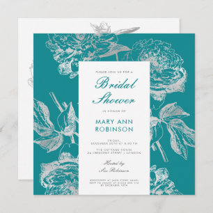 Elegant Silver Teal Bridal Shower Party Floral Invitation