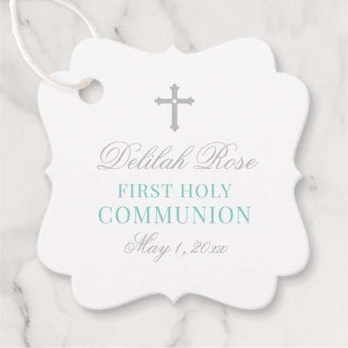 Elegant Silver Teal First Communion for Girl Favor Tags