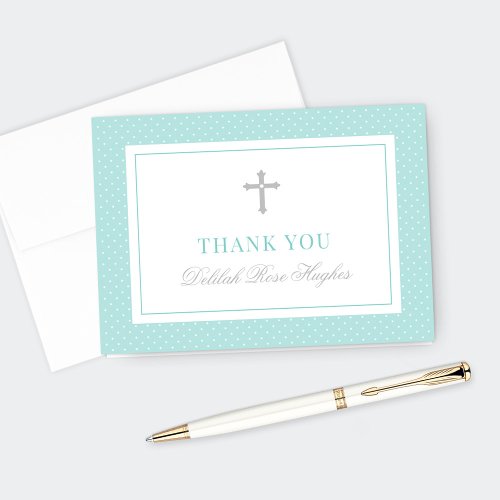 Elegant Silver Teal Girl First Communion Thank You Card