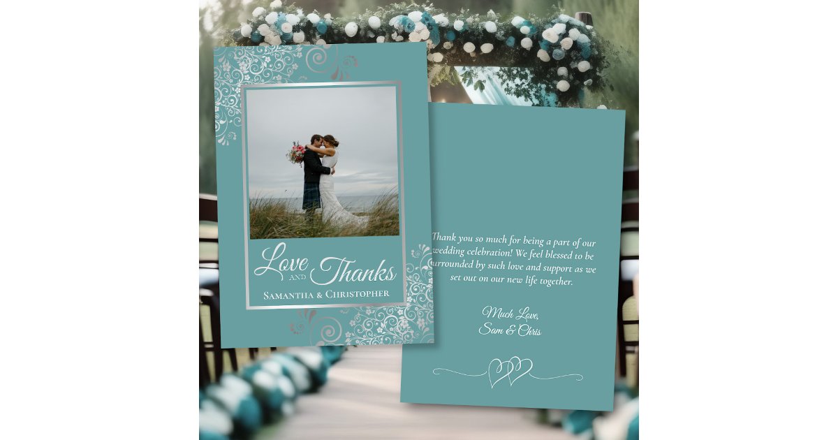 Elegant Silver & Teal Photo & Note Wedding Thank You Card | Zazzle