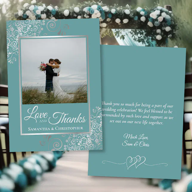 Elegant Silver & Teal Photo & Note Wedding Thank You Card | Zazzle