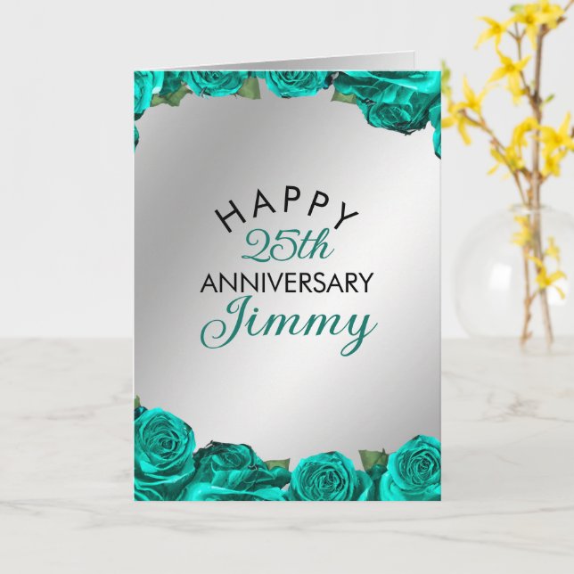 Elegant Silver Teal Roses Husband 25th Anniversary Card (Yellow Flower)