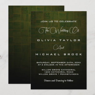 Elegant silver text on dark green wedding invitation