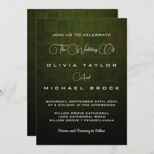 Elegant silver text on dark green wedding invitation