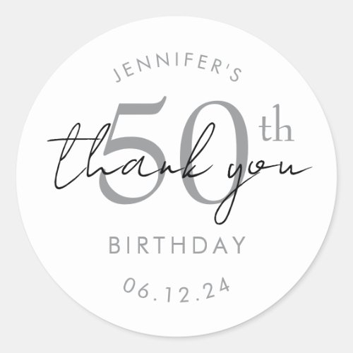 Elegant Silver "Thank You" 50th Birthday Party Classic Round Sticker