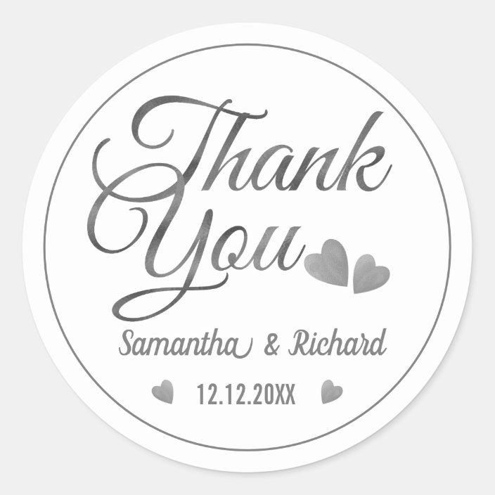 Elegant Silver Thank You Wedding Favor Classic Round Sticker | Zazzle