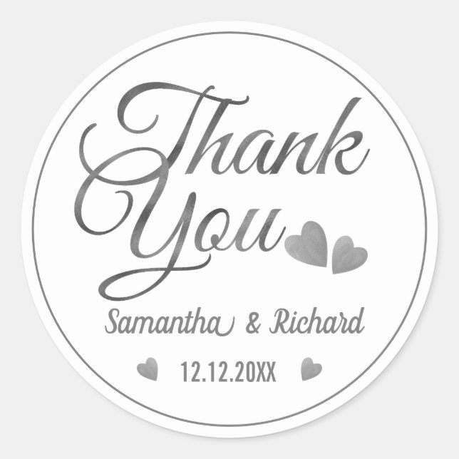 Elegant Silver Thank You Wedding Favor   Classic Round Sticker (Front)