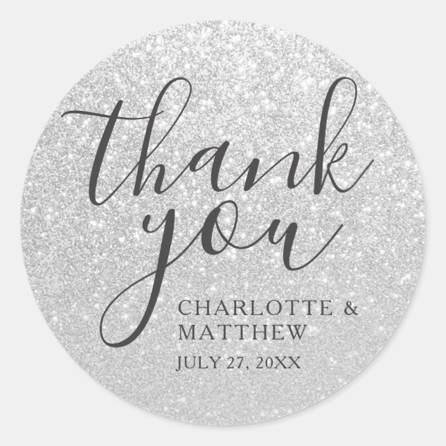 Elegant Silver Thank You Wedding Round Sticker (Front)