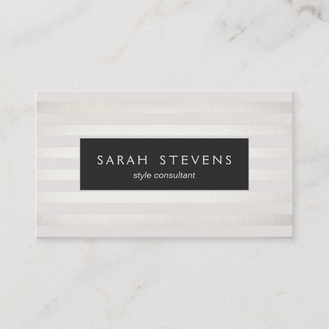 Elegant Silver Thin Off White Striped Black Plaque Business Card (Front)