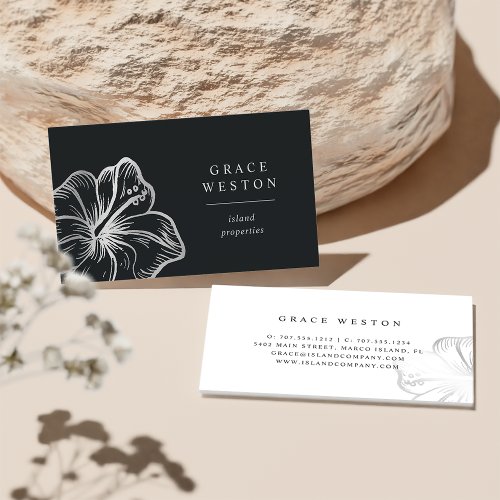 Elegant Silver Tropical Hibiscus Flower Business Card