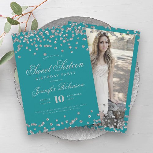 Elegant Silver Turquoise Confetti Photo Sweet 16   Invitation