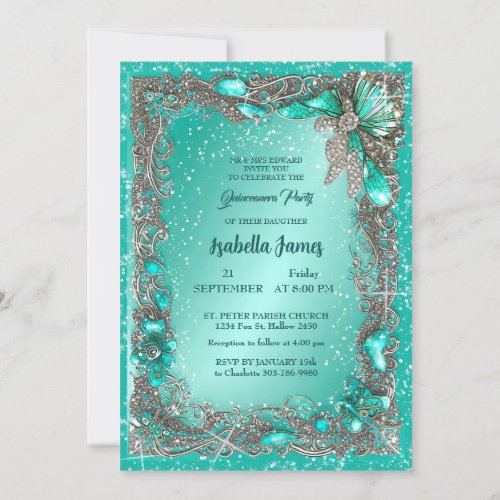 elegant silver turquoise jewelry mis 15th birthday invitation