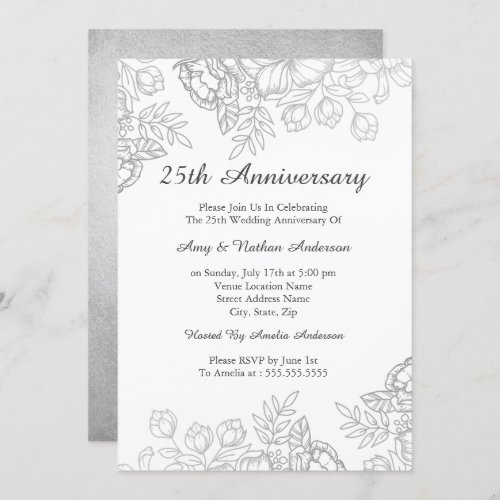 Elegant Silver Vintage Floral 25th Anniversary Invitation
