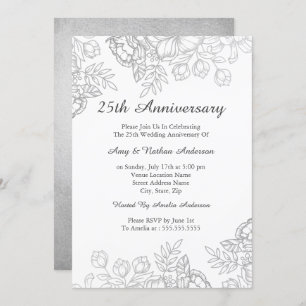 Elegant Silver Vintage Floral 25th Anniversary Invitation