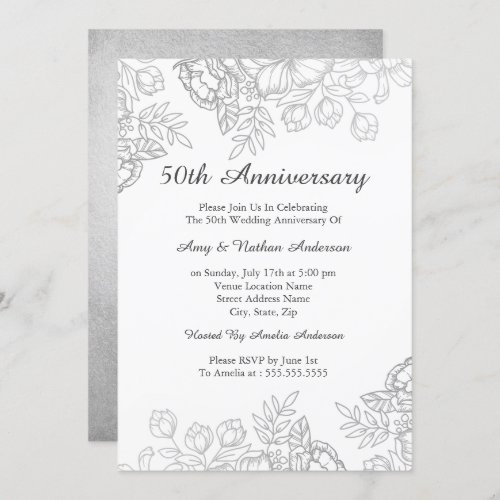 Elegant Silver Vintage Floral 50th Anniversary Invitation