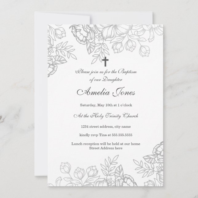 Elegant Silver Vintage Floral Baptism Invitation (Front)