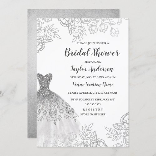 Elegant Silver Vintage Floral Dress Bridal Shower Invitation