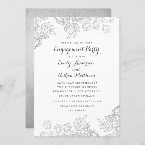 Elegant Silver Vintage Floral Engagement Party Invitation
