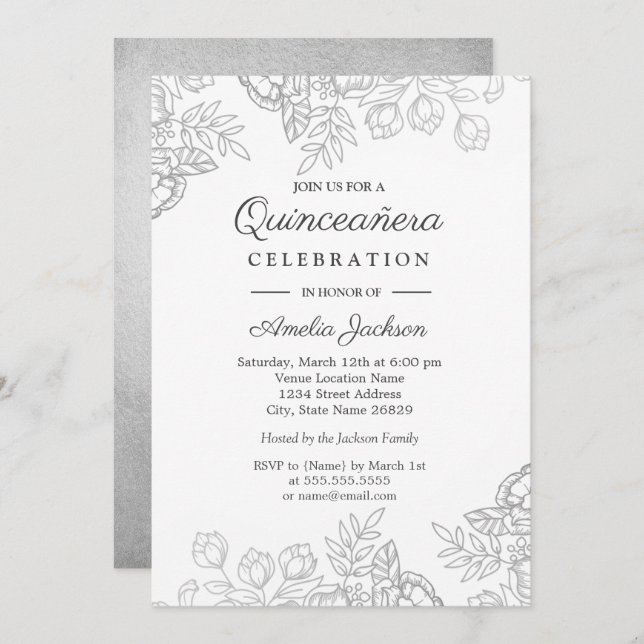 Elegant Silver Vintage Floral Quinceanera Invite (Front/Back)