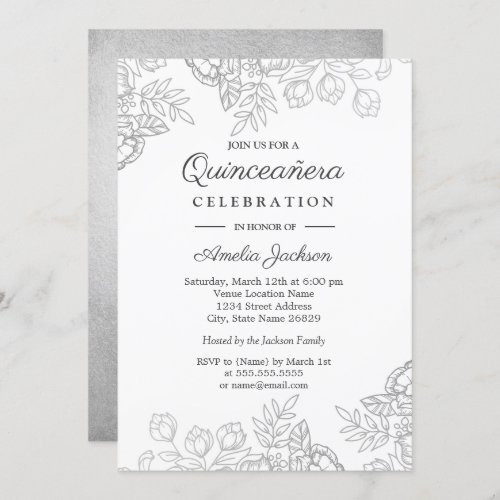 Elegant Silver Vintage Floral Quinceanera Invite