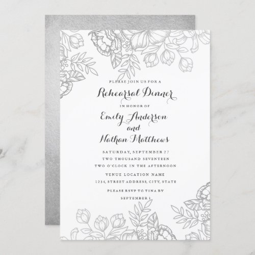 Elegant Silver Vintage Floral Rehearsal Dinner Invitation