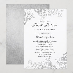Elegant Silver Vintage Floral Sweet Sixteen Invite