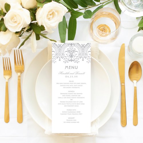 Elegant Silver Vintage Glamour Wedding Menu