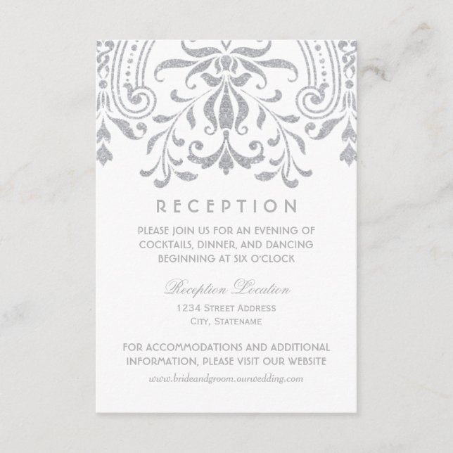 Elegant Silver Vintage Glamour Wedding Reception Enclosure Card (Front)