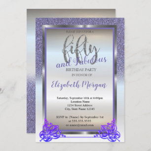 Elegant Silver, Violet Glitter 50th Birthday Party Invitation