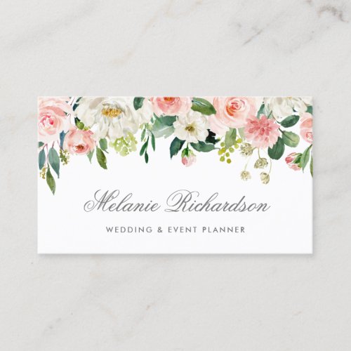 Elegant Silver Watercolor Pink Blush White Floral Business Card
