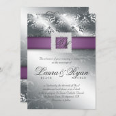 Elegant Silver Wedding Damask Jewels Purple Invitation (Front/Back)