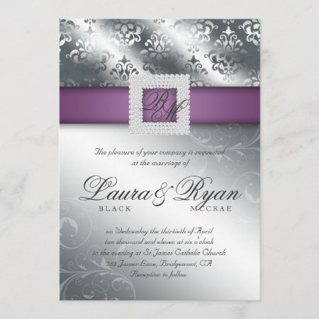 Elegant Silver Wedding Damask Jewels Purple Invitation