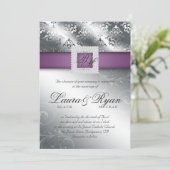 Elegant Silver Wedding Damask Jewels Purple Invitation (Standing Front)