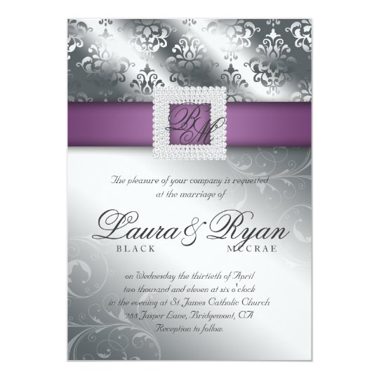 Elegant Silver Wedding Damask Jewels Purple Invitation