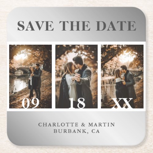 Elegant Silver Wedding Photo Collage Save The Date Square Paper Coaster