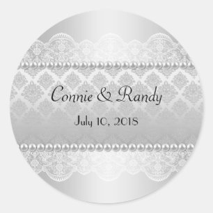Elegant Silver Wedding Sticker Monogram with Pearl