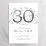 Elegant Silver White 30th Birthday Invitation<br><div class="desc">Elegant silver white 30th birthday party invitation. Customizable modern feminine design featuring roses botanical accents and faux glitter silver. Simple floral invite card perfect for a stylish female bday celebration. Personalize with your own details. Printed Zazzle invitations or instant download digital printable template.</div>